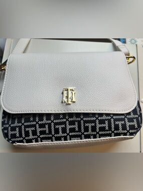 White and Navy Blue Pattern Crossbody Bag - Designer-Inspired Tommy Hilfiger